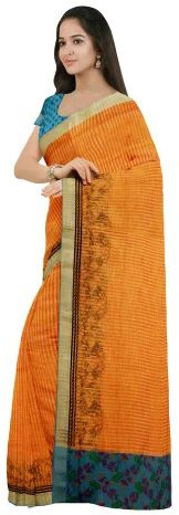 Ksr Handlooms Orange Semi Linen Printed Saree