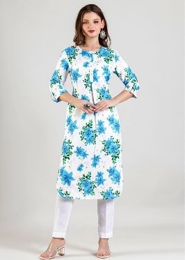 Ladies Blue Floral Printed Cotton Kurti