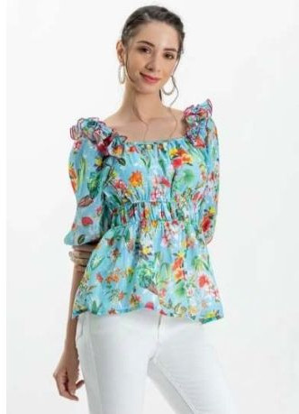 Ladies Blue Tropical Print Georgette Peplum Top