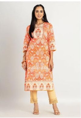 Ladies Cotton Orange Printed Kurti