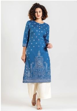 Ladies Cotton Royal Blue Printed Designer Kurti