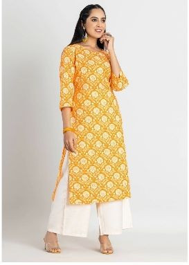 Ladies Cotton Yellow Printed Kurti