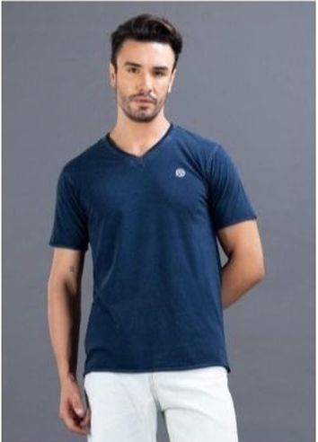 Men Blue Plain V Neck T-Shirt