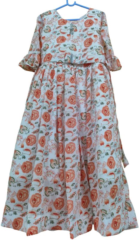 Girl Peach Floral Print Casual Wear Frock