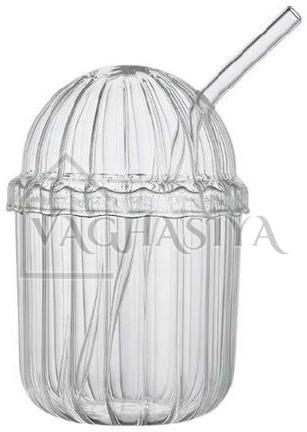 Glass Drinking Cup With Dome Lid and Straw