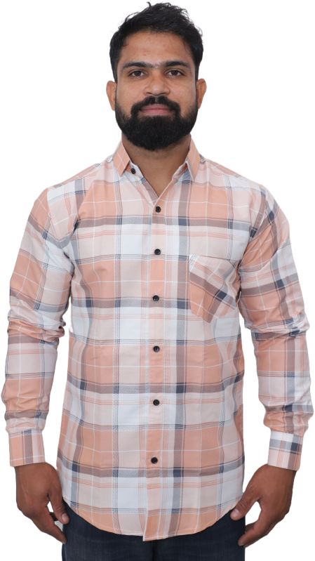 Men Peach Check Cotton Shirt