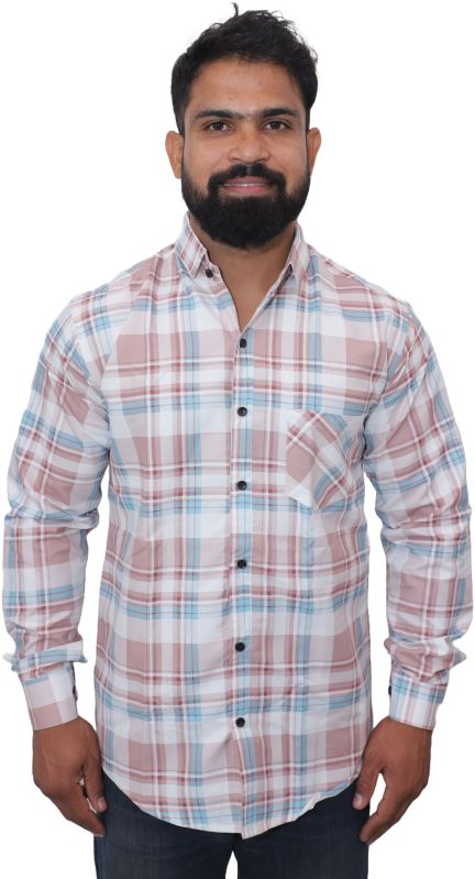 Men Pink and Blue Check Cotton Shirt