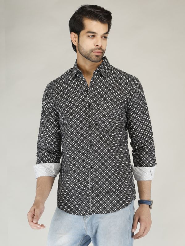 Men Woolen Black Printed Shirt