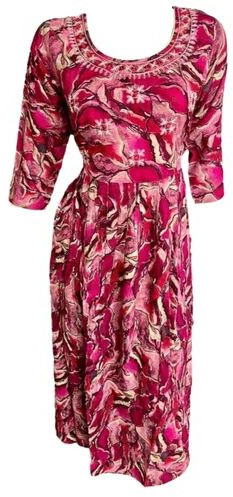 Pink Rayon Printed Party Wear A Line Kurti