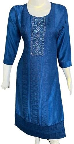 Royal Blue Ladies A Line Rayon Embroidered Daily Wear Kurti