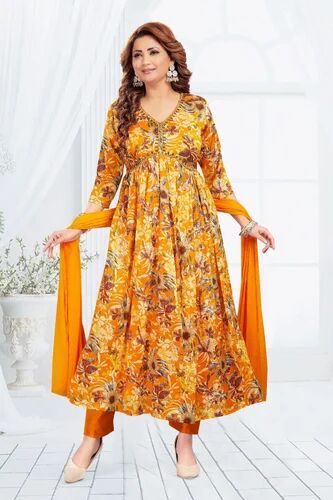 Yellow Anarkali Rayon Printed Kurti