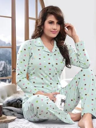 Ladies Full Length Printed Cotton Night Suit Set