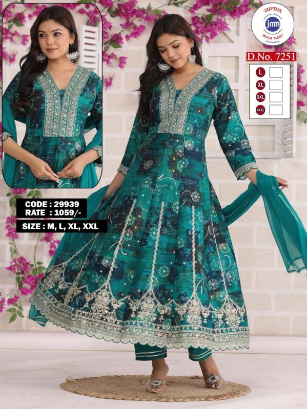 Ladies Blue  Floral Printed Anarkali Suit Set