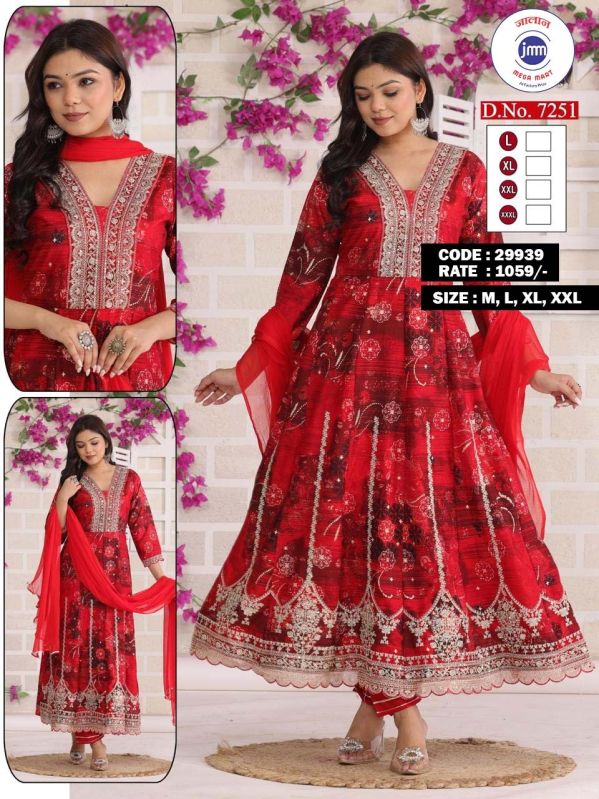 Ladies Red  Floral Printed Anarkali Suit Set