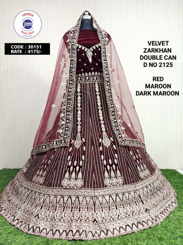 Ladies Velvet Maroon Designer Heavy Bridal Lehenga