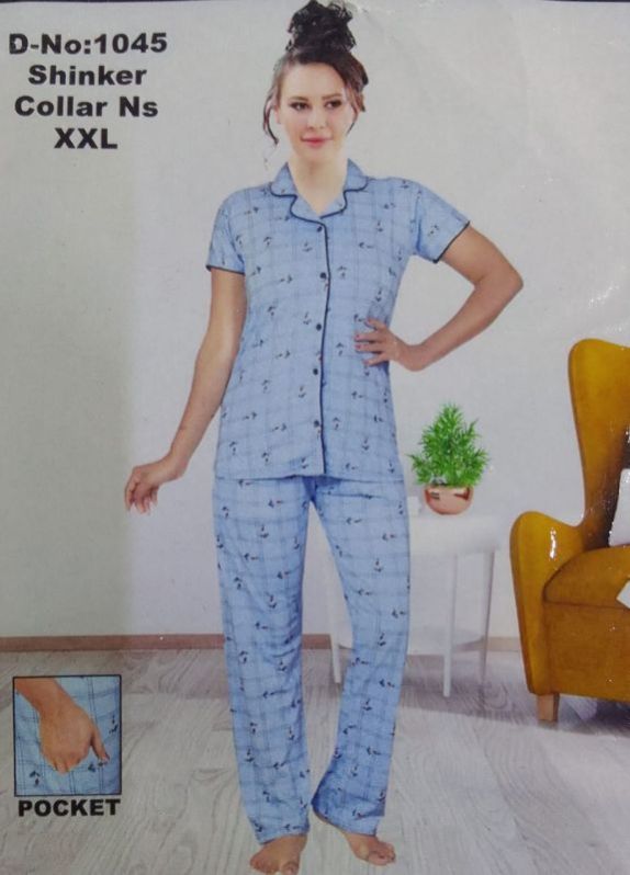 Ladies Sky Blue Printed Cotton Night Suit