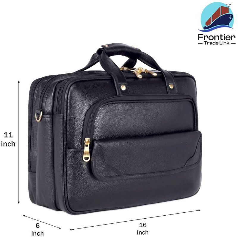 Frontier Black Leather Messenger Laptop Bag