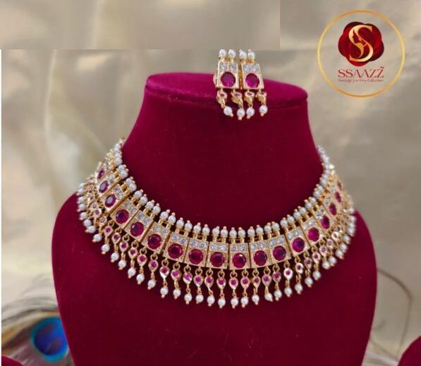 Ssaazz Golden Round Brass Artificial Necklace Set