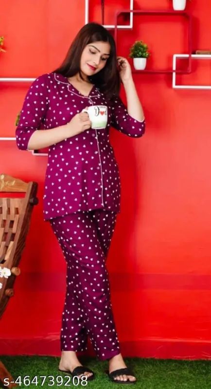 Womens Rayon Maroon Night Suit Set