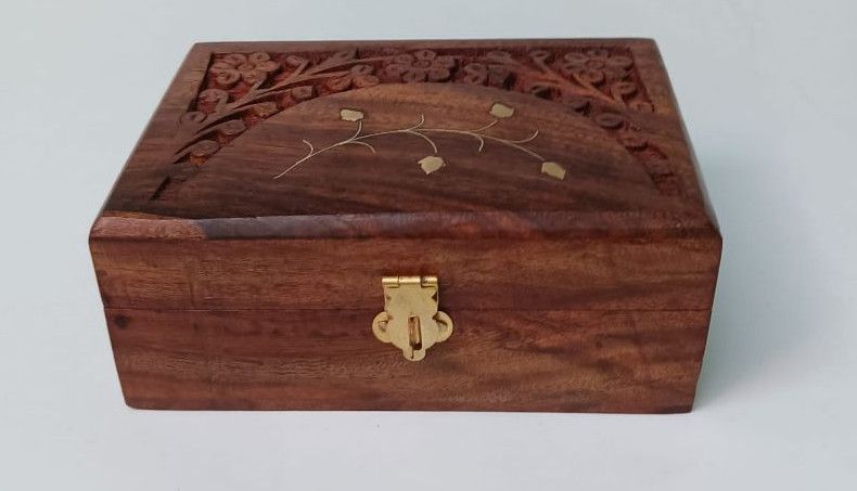 Rectangular Brass Vine Inlay Carved Wooden Box with Latch
