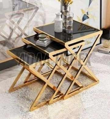 Golden Crisscross Frame Black Top Side Table Set