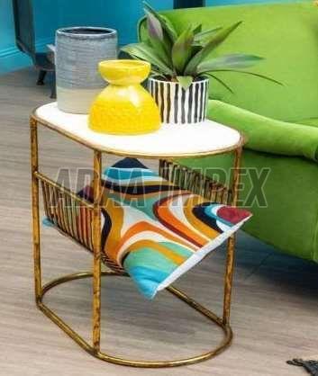 Golden Curved Frame Dual Shelf White Top Side Table