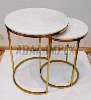 Golden Round Frame White Marble Top Side Table Set