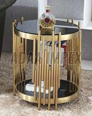 Golden Vertical Rod Frame Black Glass Top Side Table