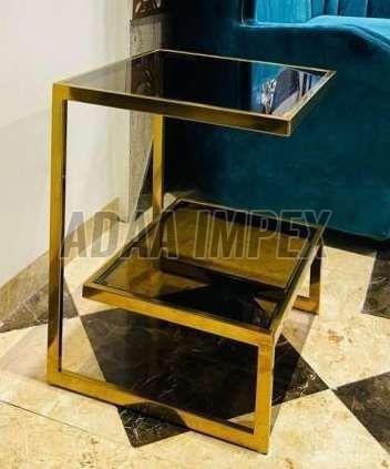 Golden Z-Frame Dual Glass Shelf Side Table