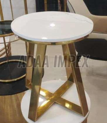 Round White Top Side Table with Crisscross Golden Legs