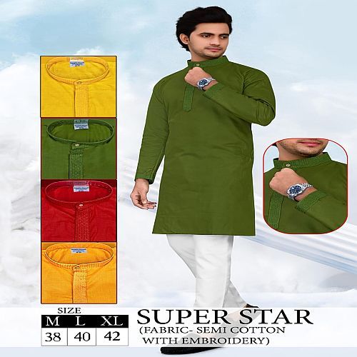 Mens Green Embroidered Semi Cotton Kurta Pajama Set