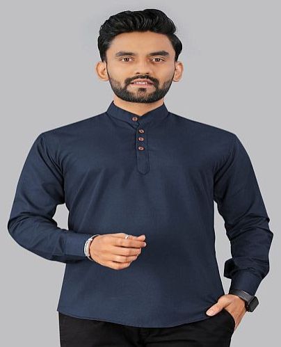 Mens Navy Blue Plain Cotton Short Kurta