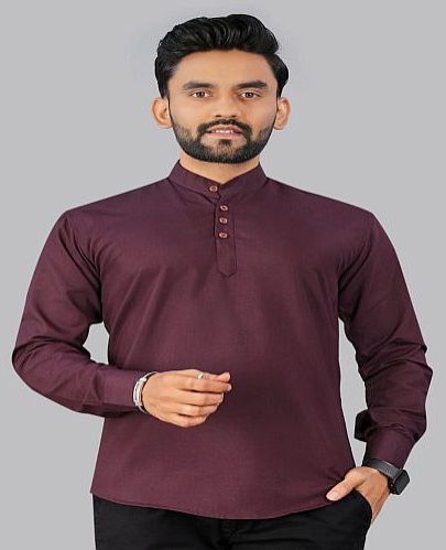 Mens Wine Plain Cotton Short Kurta