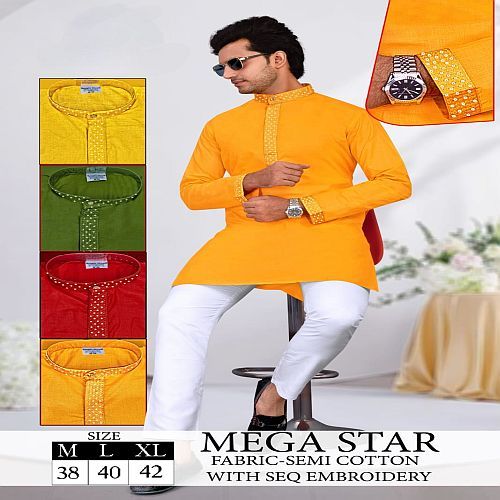 Mens Yellow Embroidered Semi Cotton Kurta Pajama Set