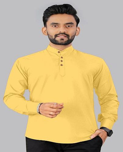 Mens Yellow Plain Cotton Short Kurta