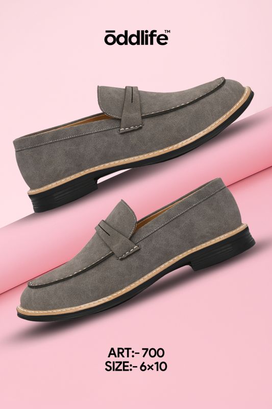 Mens Gray Loafer Tan-Stitch Penny Strap Shoes