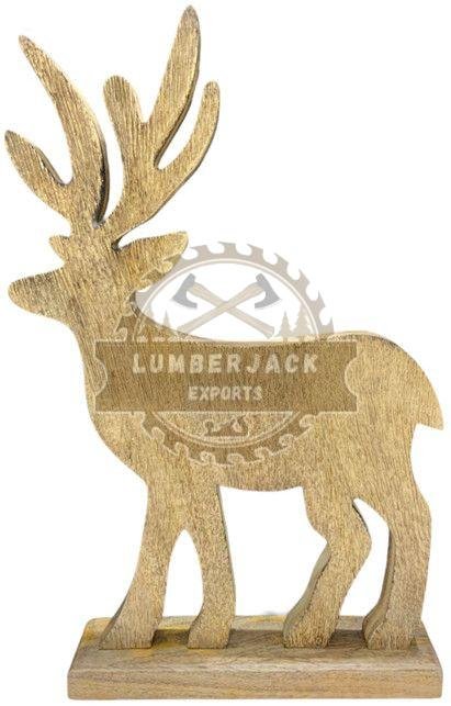 Carved Wood Deer Sculpture with Raised Antlers