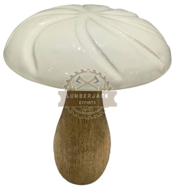 Glossy White Mushroom Sculpture with Wood Stem