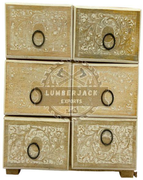 Handcrafted Mango Wood Floral Geometric Drawer Cabinet