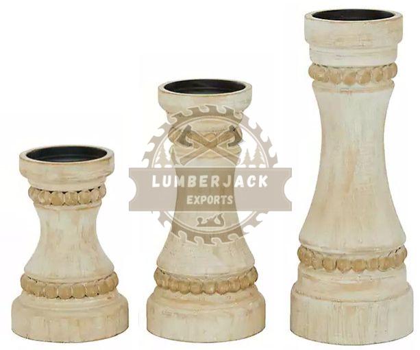 Rustic Beaded Mango Wood Pillar Candle Stands