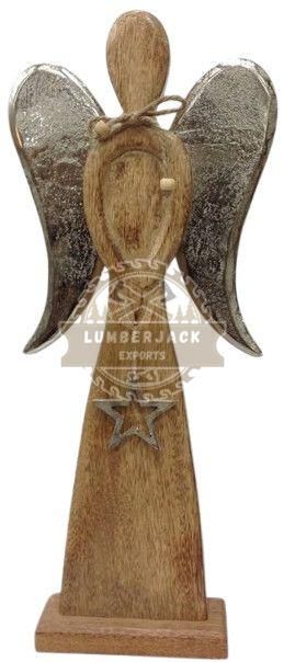 Rustic Wood Angel Figurine with Heart & Star Charms