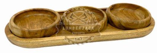 Three Bowl Mango Wood Condiment Tray Set