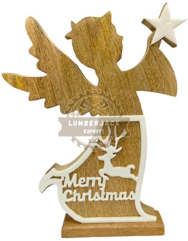 Wooden Angel Shaped Ornament with Star & Reindeer Scene