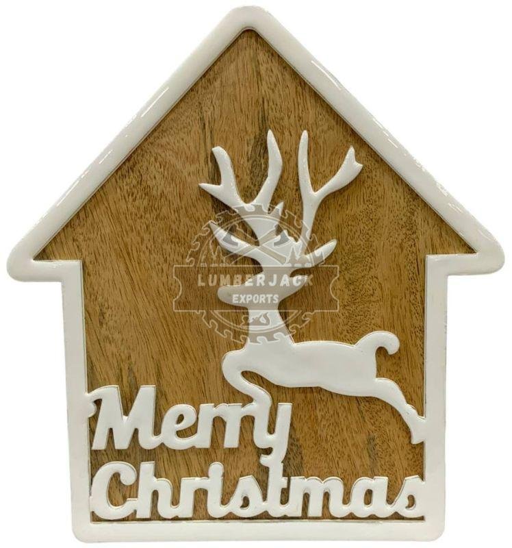 Wooden House Shaped Ornament with Reindeer &AMP; Text