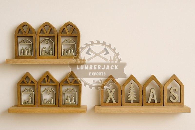 Wooden Nativity Shelf Set with House Shaped Frames