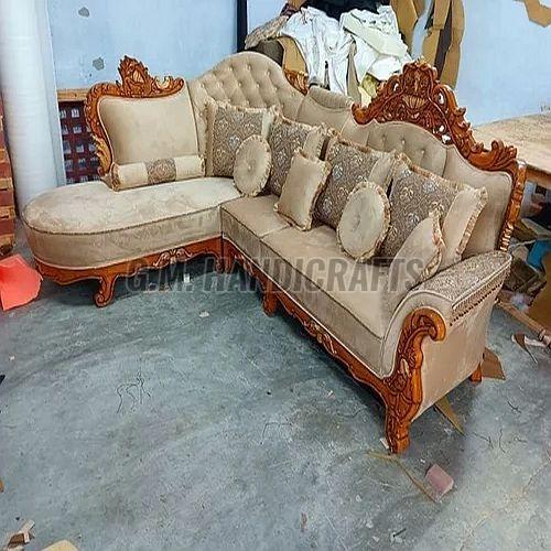 Velvet Seat L Shape Wooden Sofa Set