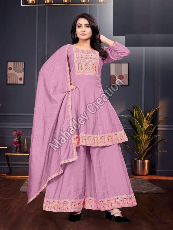Ladies Lavender Embroidered Kurta Palazzo Set