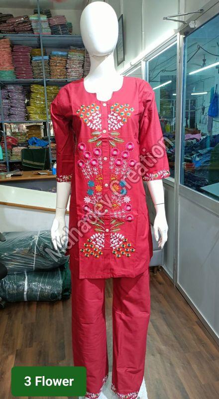 Ladies Red Floral Embroidered Co-ord Set