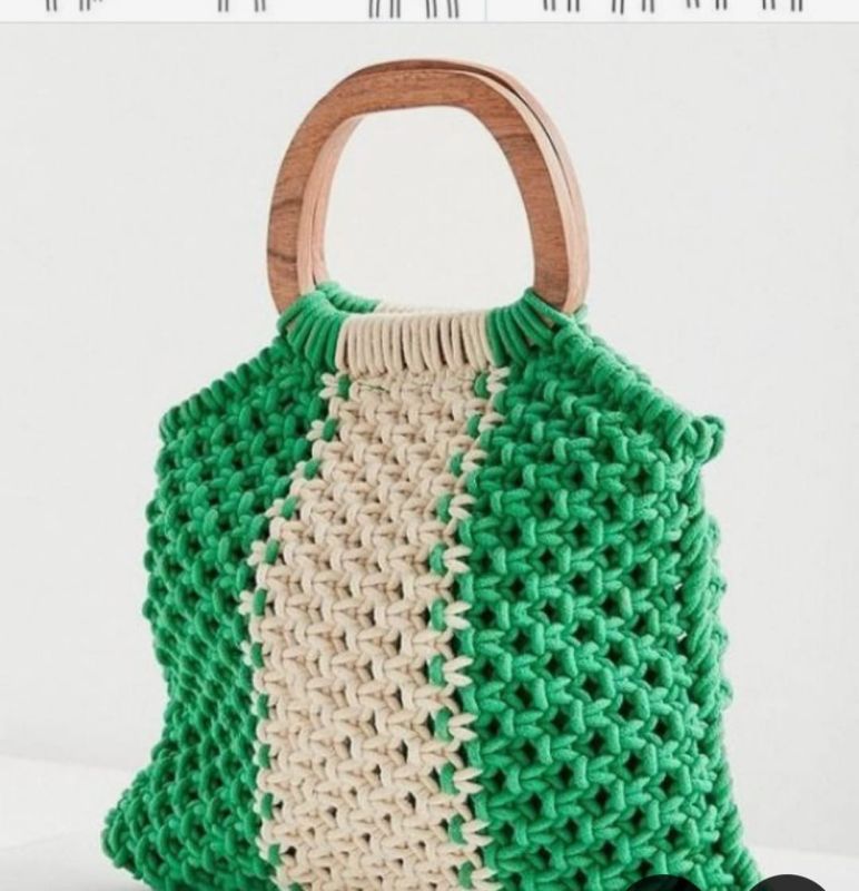 Green Handcrafted Macrame Hand Bag with Wood Handle