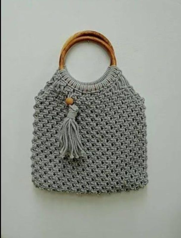 Grey Handmade Macrame Bag with Wooden Handle